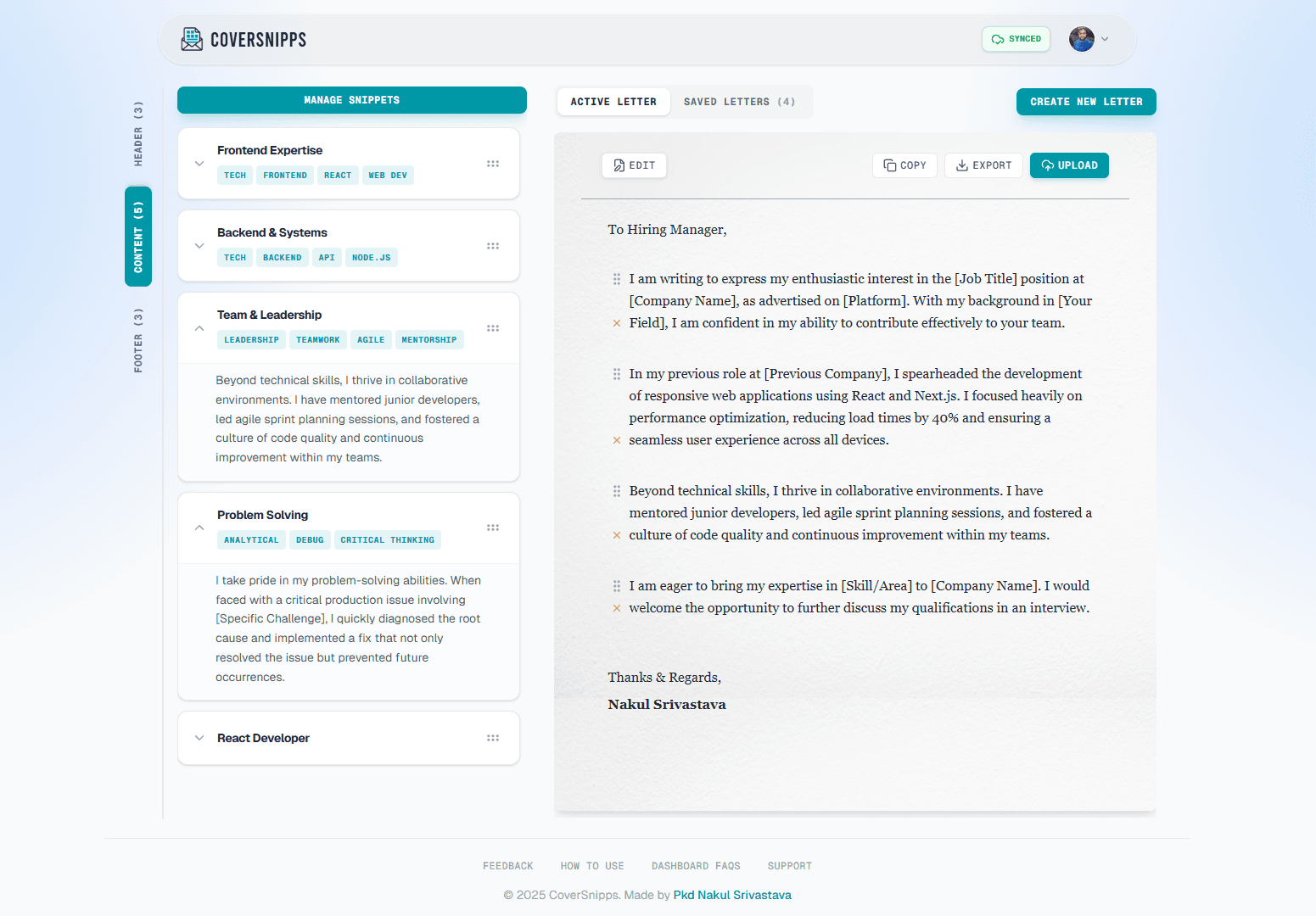 CoverSnipps Dashboard Interface Preview